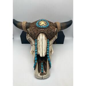 13" long Western Star Steer Bison Bull Tooled Leather Horned Wall Decor w/Tag